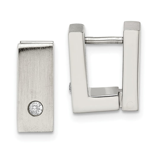 Stainless Steel Chisel Brushed And Polished With Cz 5mm Hinged Square Hoop Earrings