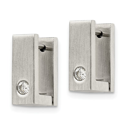 Stainless Steel Chisel Brushed And Polished With Cz 4mm Square Hinged Hoop Earrings