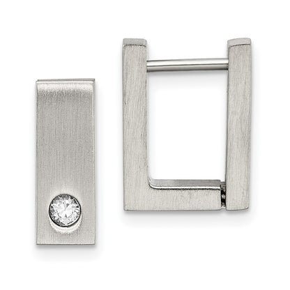 Stainless Steel Chisel Brushed And Polished With Cz 4mm Square Hinged Hoop Earrings