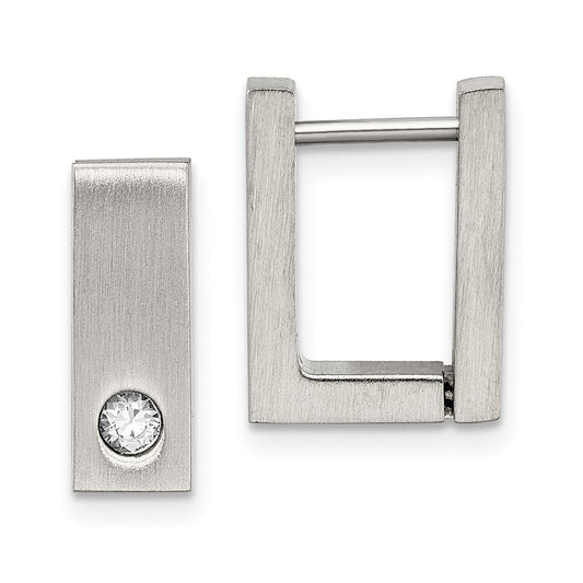 Stainless Steel Chisel Brushed And Polished With Cz 4mm Square Hinged Hoop Earrings