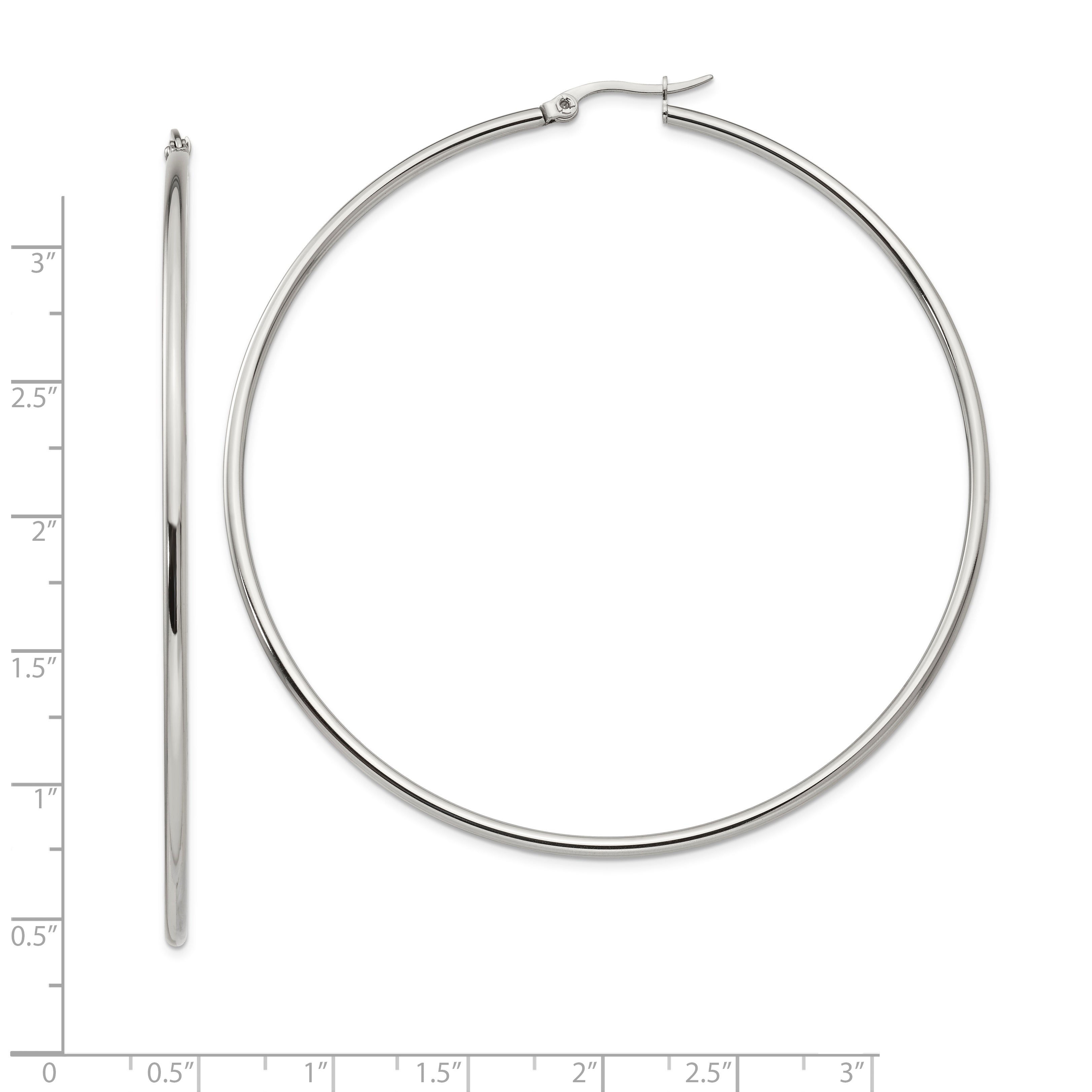 Stainless Steel Chisel Polished 70mm Diameter 2mm Hoop Earrings