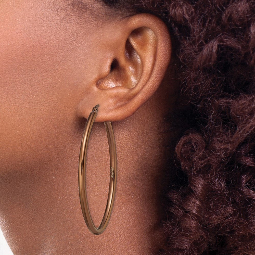 Stainless Steel Chisel Polished Brown Ip-Plated 55mm Diameter 3mm Oval Hoop Earrings