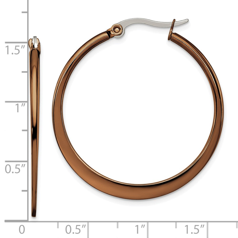 Stainless Steel Chisel Polished Brown Ip-Plated 34mm Diameter Tapered Hoop Earrings