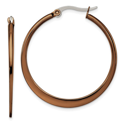 Stainless Steel Chisel Polished Brown Ip-Plated 34mm Diameter Tapered Hoop Earrings