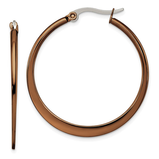 Stainless Steel Chisel Polished Brown Ip-Plated 34mm Diameter Tapered Hoop Earrings