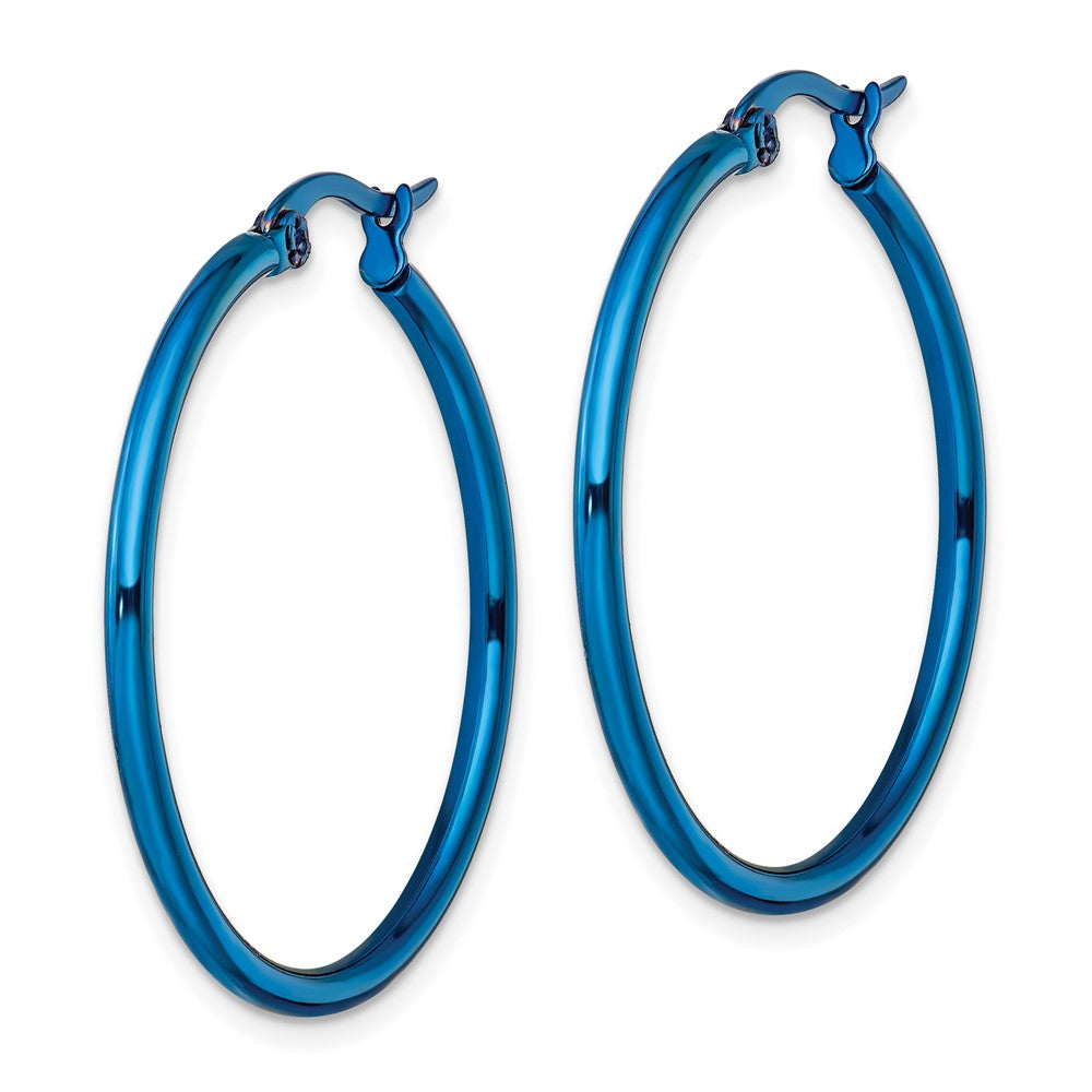 Stainless Steel Chisel Polished Blue Ip-Plated 32mm Diameter 2mm Hoop Earrings