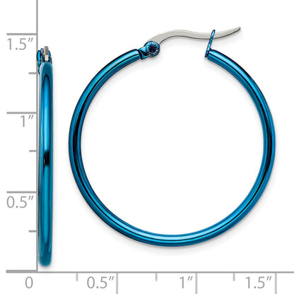 Stainless Steel Chisel Polished Blue Ip-Plated 32mm Diameter 2mm Hoop Earrings