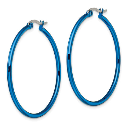 Stainless Steel Chisel Polished Blue Ip-Plated 42mm Diameter 2mm Hoop Earrings
