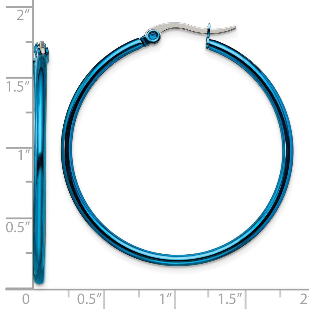Stainless Steel Chisel Polished Blue Ip-Plated 42mm Diameter 2mm Hoop Earrings