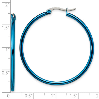 Stainless Steel Chisel Polished Blue Ip-Plated 42mm Diameter 2mm Hoop Earrings