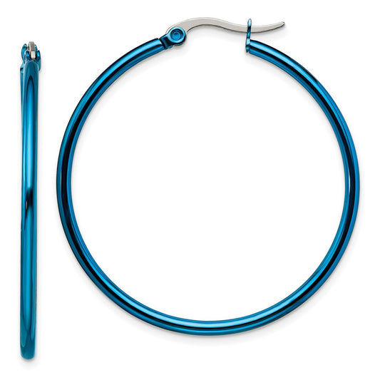 Stainless Steel Chisel Polished Blue Ip-Plated 42mm Diameter 2mm Hoop Earrings
