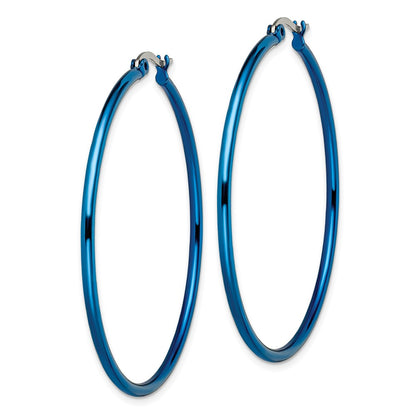 Stainless Steel Chisel Polished Blue Ip-Plated 49.5mm Diameter 2mm Hoop Earrings