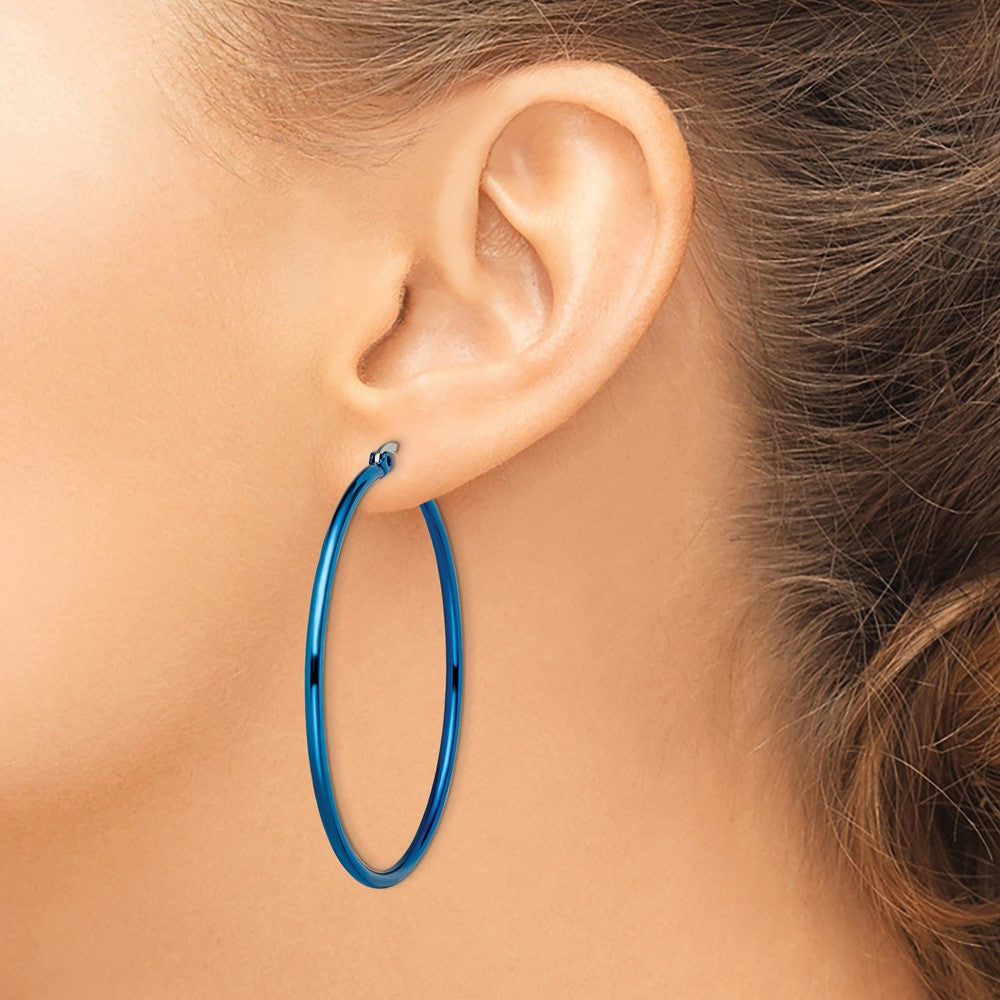 Stainless Steel Chisel Polished Blue Ip-Plated 49.5mm Diameter 2mm Hoop Earrings