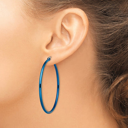 Stainless Steel Chisel Polished Blue Ip-Plated 49.5mm Diameter 2mm Hoop Earrings