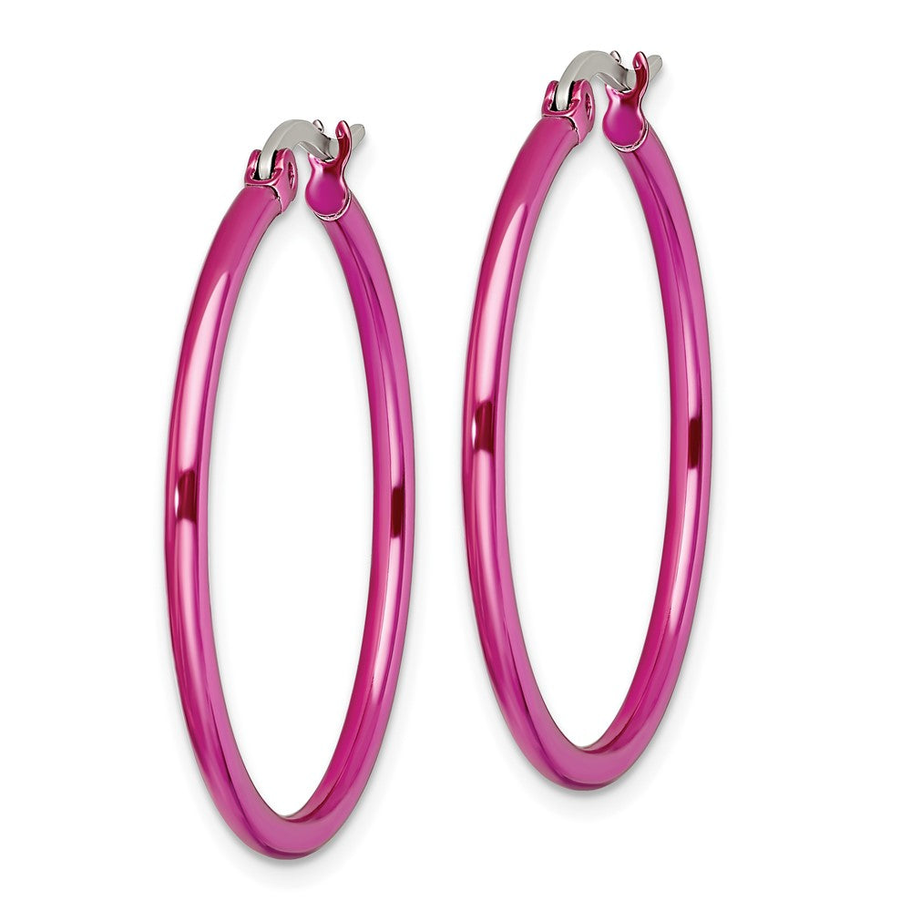Stainless Steel Chisel Polished Pink Ip-Plated 32mm Diameter 2mm Hoop Earrings