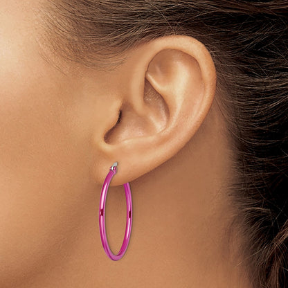 Stainless Steel Chisel Polished Pink Ip-Plated 32mm Diameter 2mm Hoop Earrings