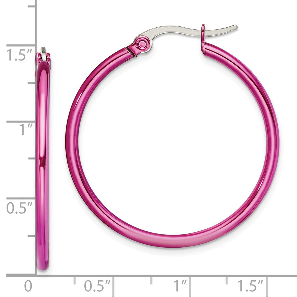 Stainless Steel Chisel Polished Pink Ip-Plated 32mm Diameter 2mm Hoop Earrings