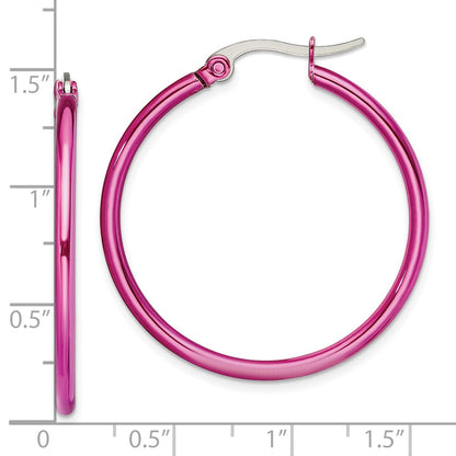 Stainless Steel Chisel Polished Pink Ip-Plated 32mm Diameter 2mm Hoop Earrings