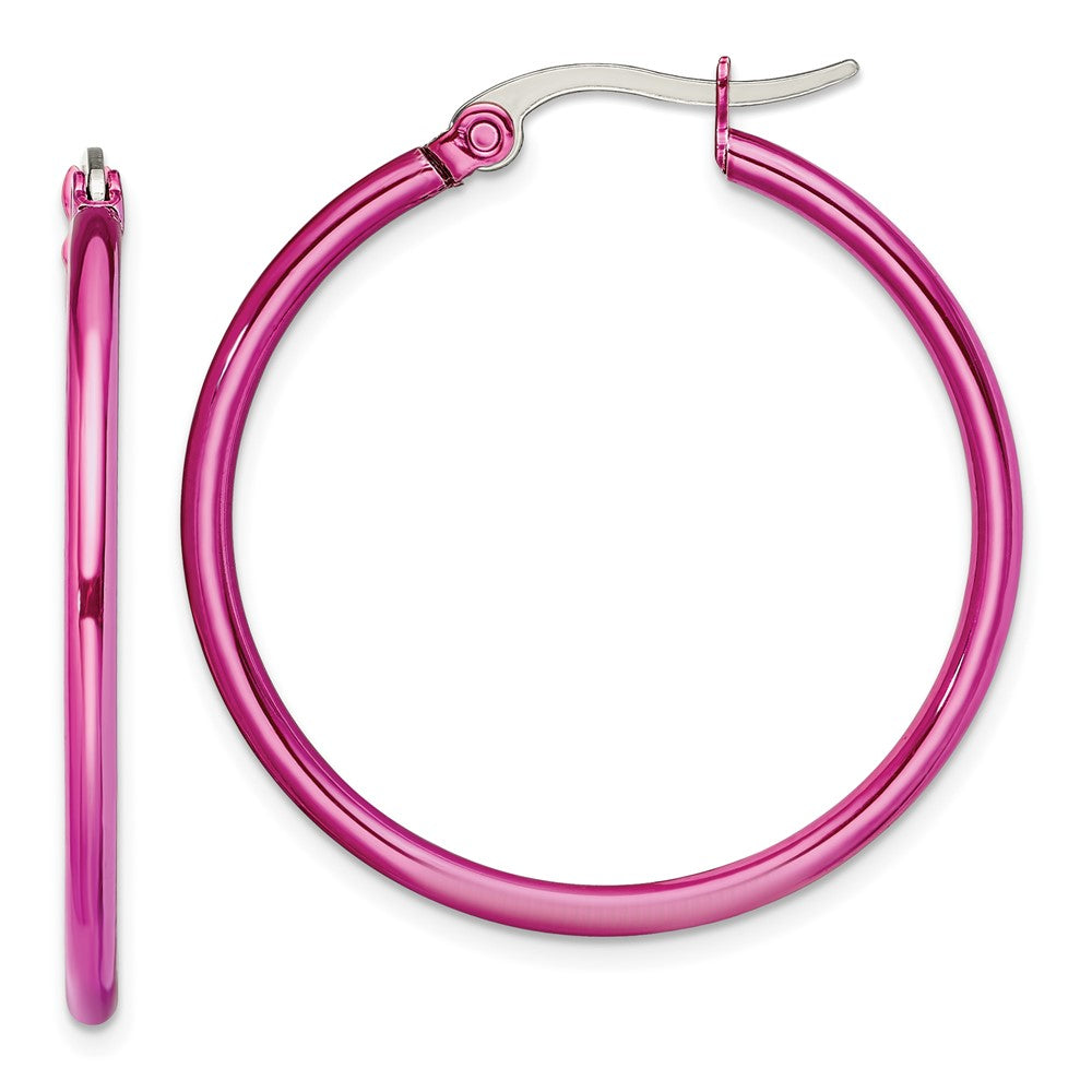 Stainless Steel Chisel Polished Pink Ip-Plated 32mm Diameter 2mm Hoop Earrings