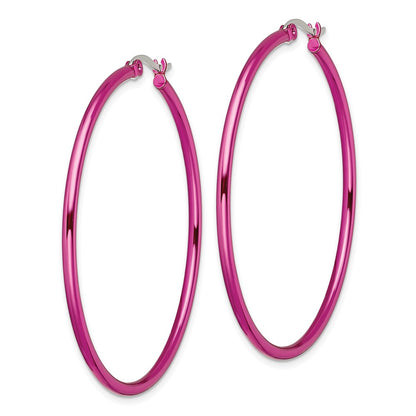 Stainless Steel Chisel Polished Pink Ip-Plated 48mm Diameter 2mm Hoop Earrings