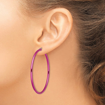 Stainless Steel Chisel Polished Pink Ip-Plated 48mm Diameter 2mm Hoop Earrings