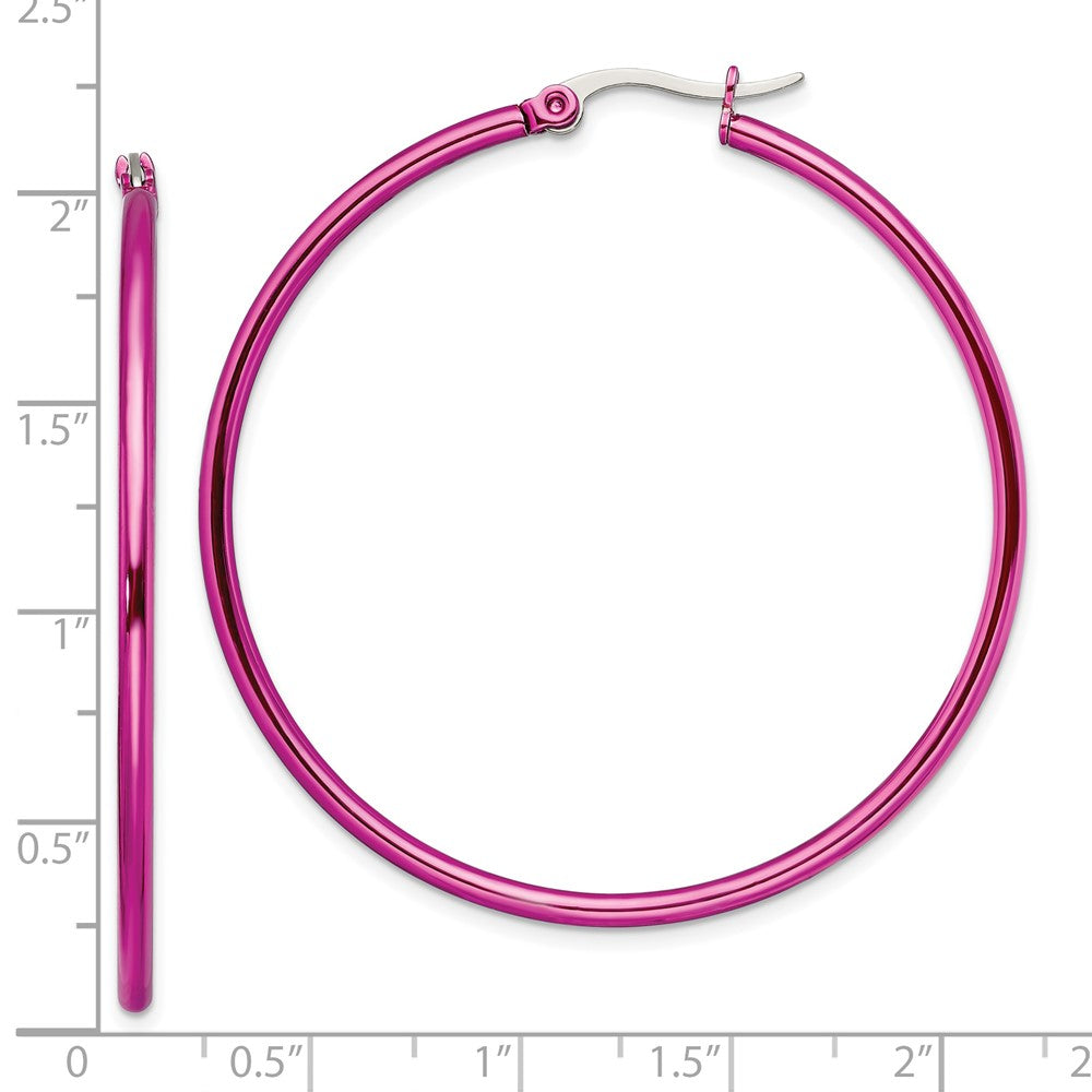 Stainless Steel Chisel Polished Pink Ip-Plated 48mm Diameter 2mm Hoop Earrings