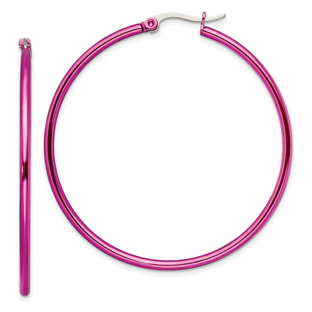 Stainless Steel Chisel Polished Pink Ip-Plated 48mm Diameter 2mm Hoop Earrings