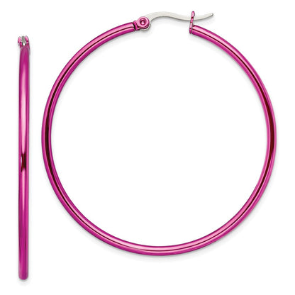 Stainless Steel Chisel Polished Pink Ip-Plated 48mm Diameter 2mm Hoop Earrings