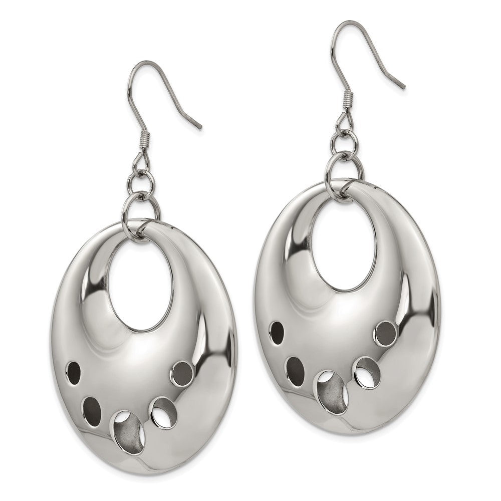 Stainless Steel Polished Circle Cut Out Dangle Shepherd Hook Earrings