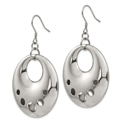 Stainless Steel Polished Circle Cut Out Dangle Shepherd Hook Earrings