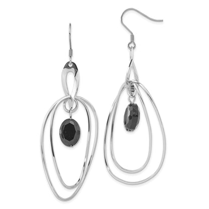 Stainless Steel Multiple Ovals With Black Glass Dangle Earrings