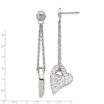 Stainless Steel Clear Crystal Heart Post Dangle Earrings