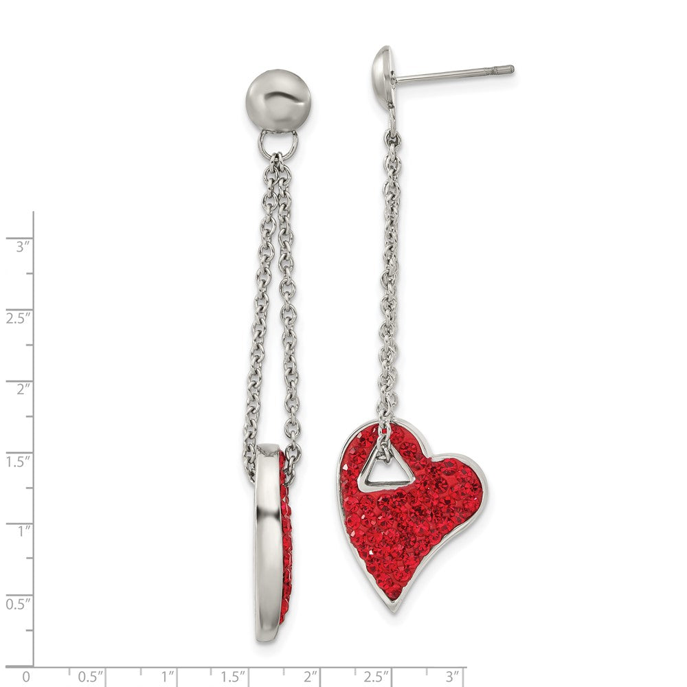 Stainless Steel Red Crystal Heart Post Dangle Earrings