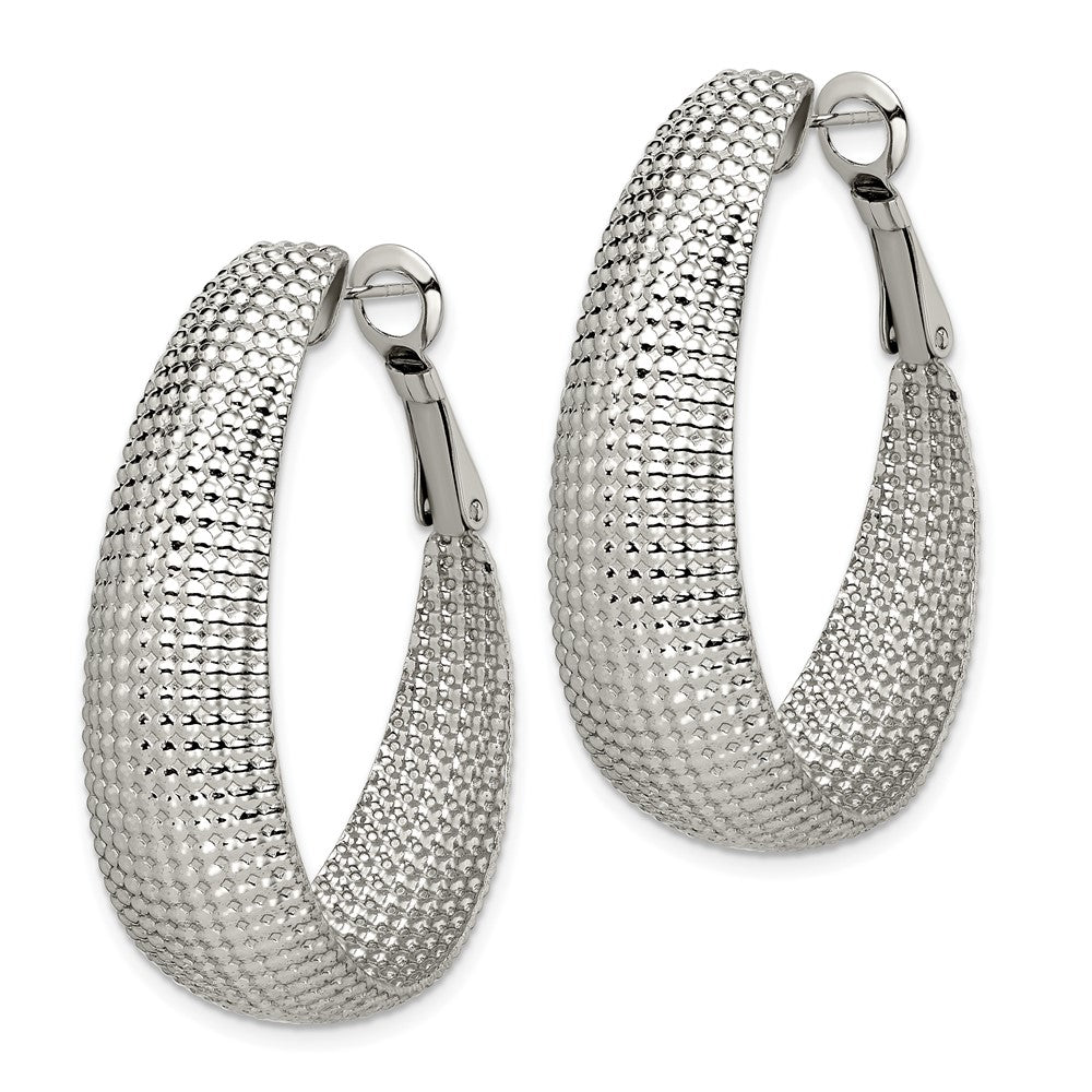 Stainless Steel Chisel Polished And Textured Oval Omega Back Hoop Earrings