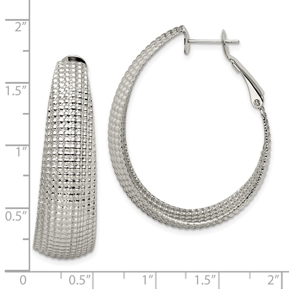 Stainless Steel Chisel Polished And Textured Oval Omega Back Hoop Earrings
