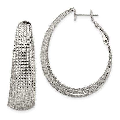 Stainless Steel Chisel Polished And Textured Oval Omega Back Hoop Earrings