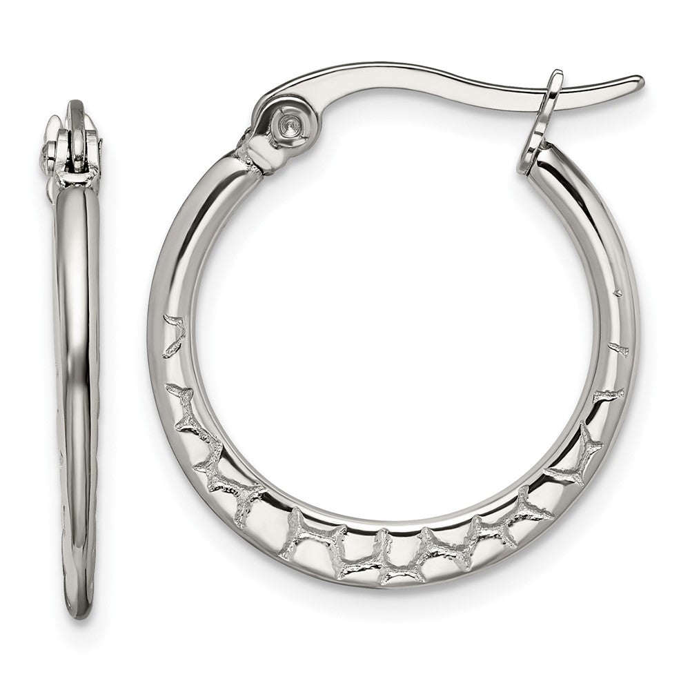 Stainless Steel Chisel Polished And Textured 20mm Diameter Hoop Earrings