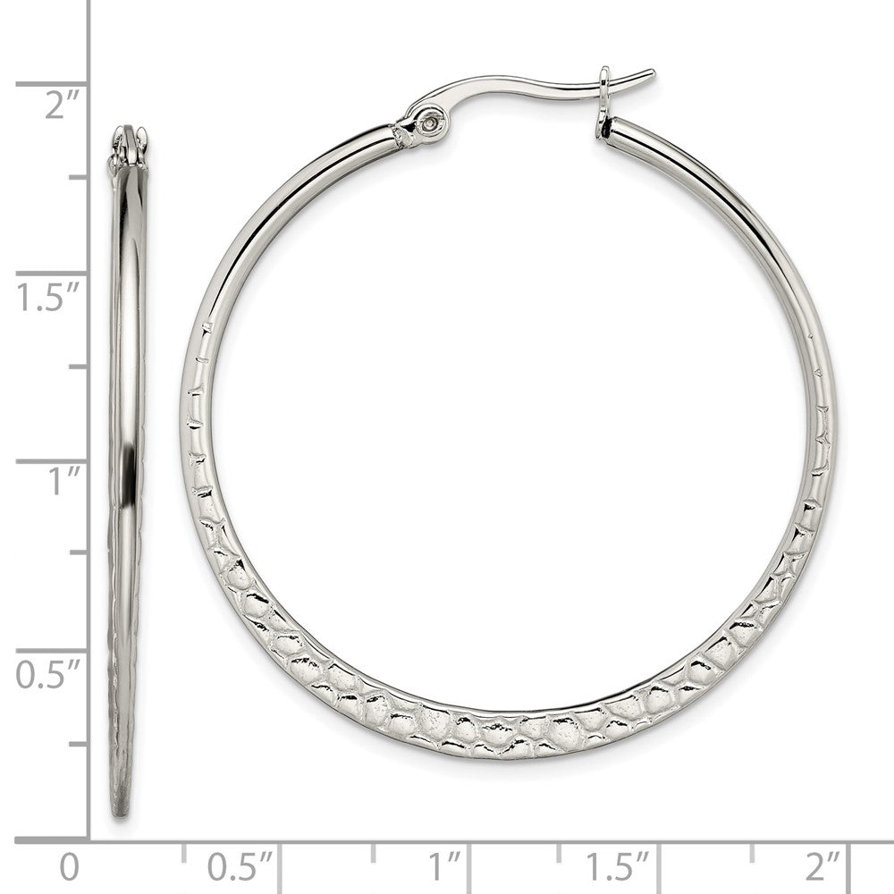 Stainless Steel Chisel Polished And Textured 40mm Diameter Hoop Earrings