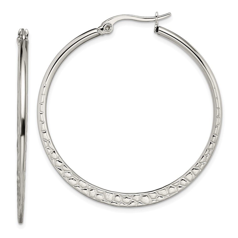 Stainless Steel Chisel Polished And Textured 40mm Diameter Hoop Earrings