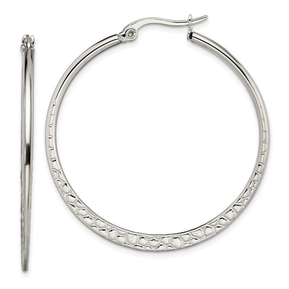 Stainless Steel Chisel Polished And Textured 40mm Diameter Hoop Earrings