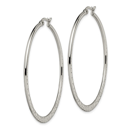 Stainless Steel Chisel Polished And Textured 50mm Diameter Hoop Earrings