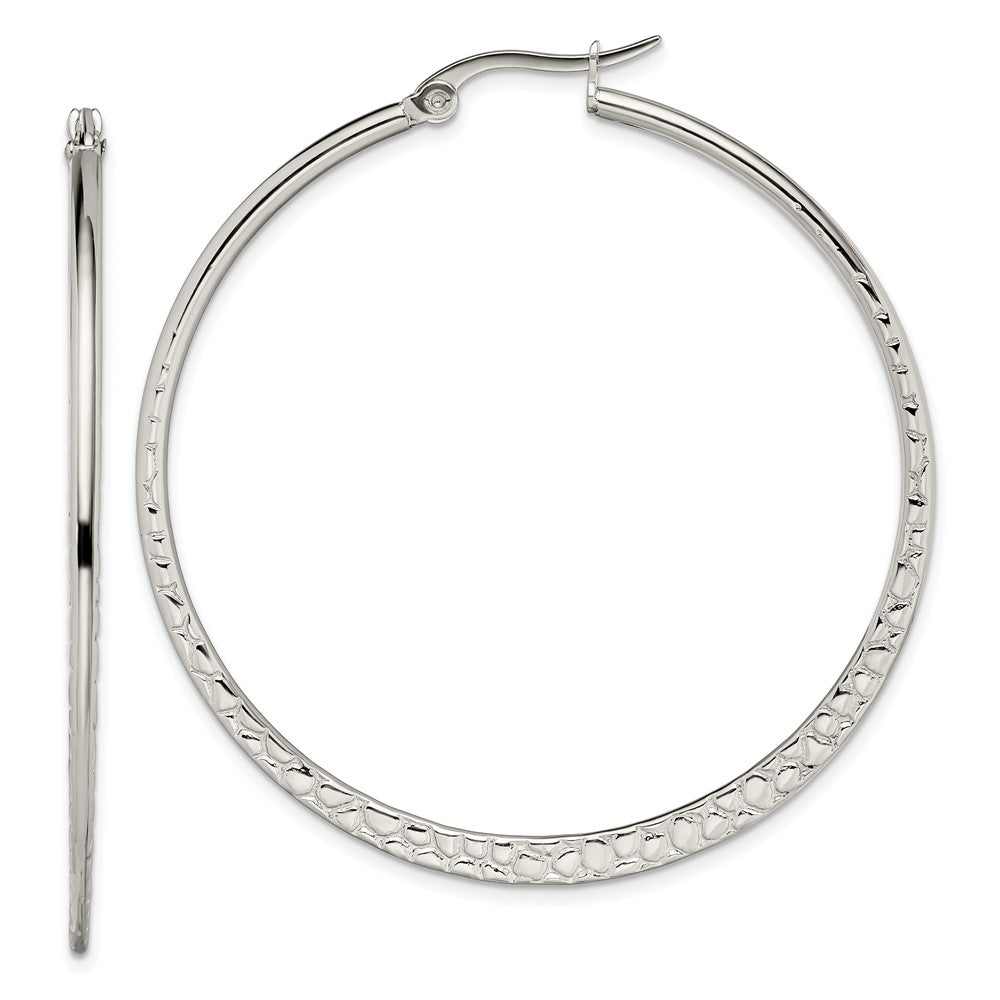 Stainless Steel Chisel Polished And Textured 50mm Diameter Hoop Earrings