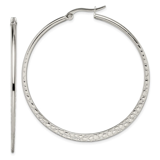 Stainless Steel Chisel Polished And Textured 50mm Diameter Hoop Earrings