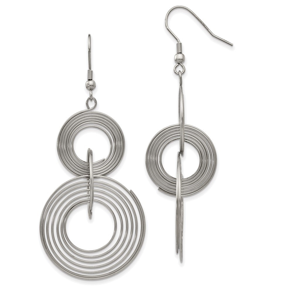 Stainless Steel Chisel Polished Multiple Circle Dangle Shepherd Hook Earrings