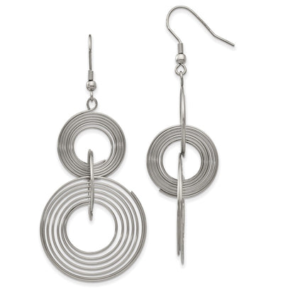 Stainless Steel Chisel Polished Multiple Circle Dangle Shepherd Hook Earrings