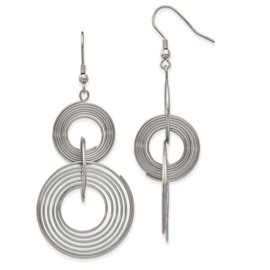 Stainless Steel Chisel Polished Multiple Circle Dangle Shepherd Hook Earrings