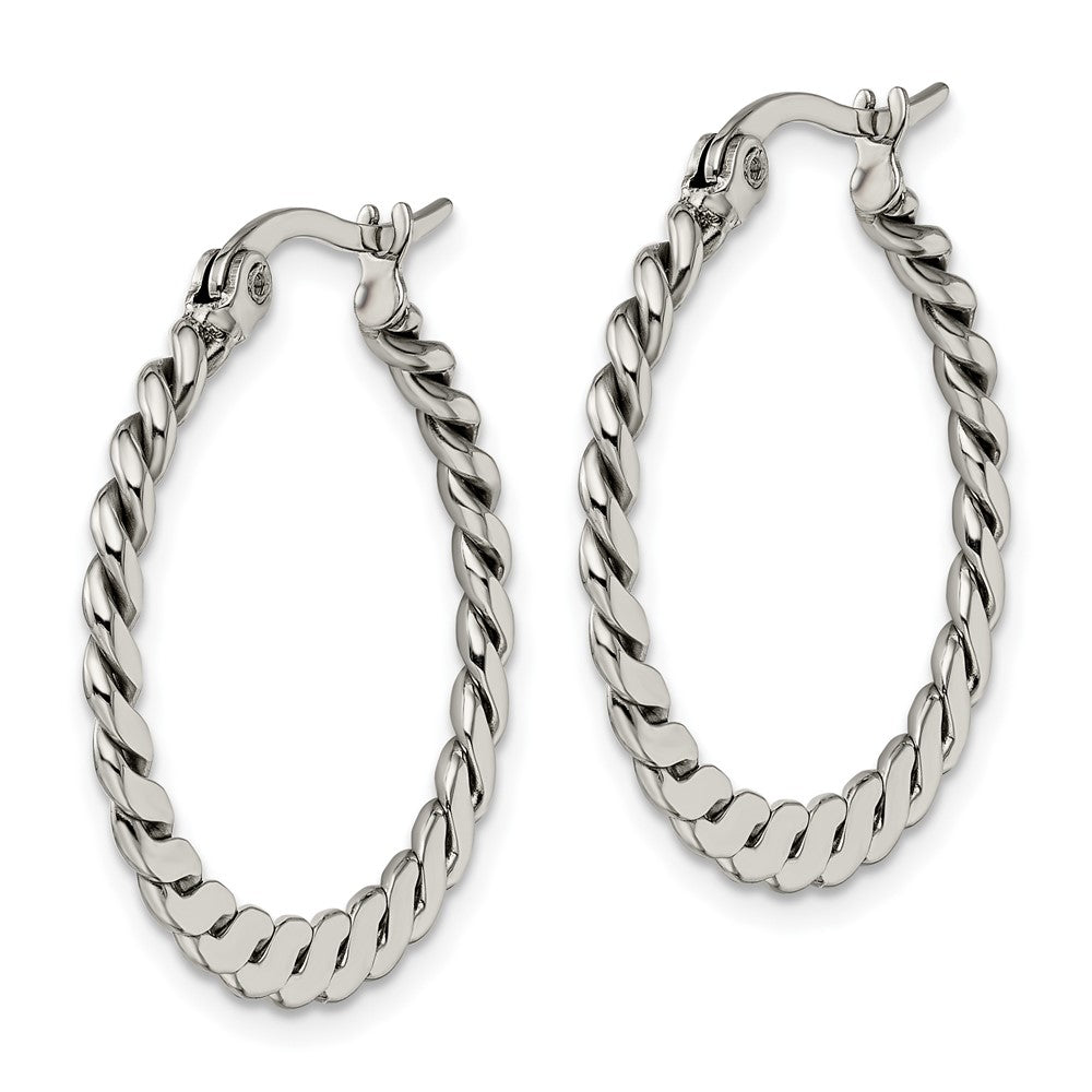 Stainless Steel Chisel Polished And Textured Braided Hoop Earrings