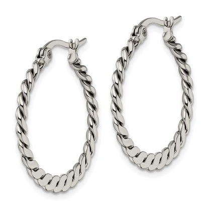 Stainless Steel Chisel Polished And Textured Braided Hoop Earrings