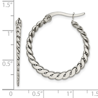 Stainless Steel Chisel Polished And Textured Braided Hoop Earrings