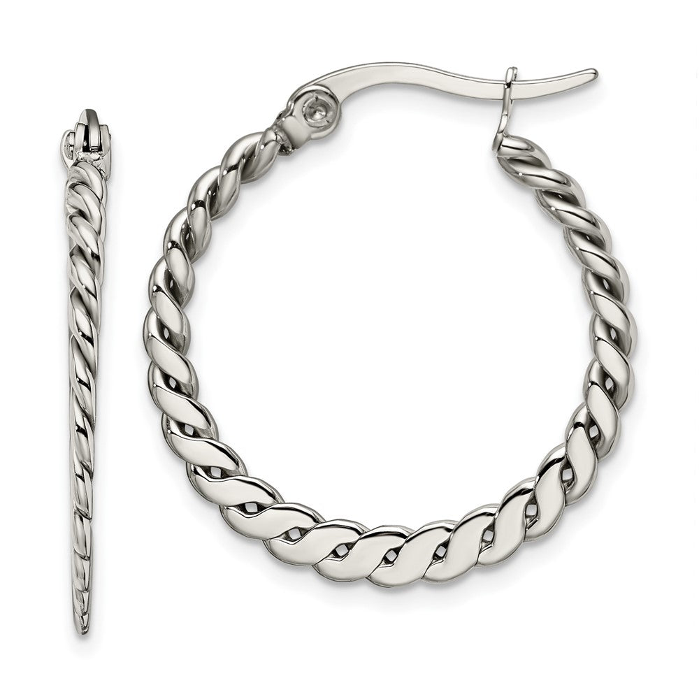Stainless Steel Chisel Polished And Textured Braided Hoop Earrings